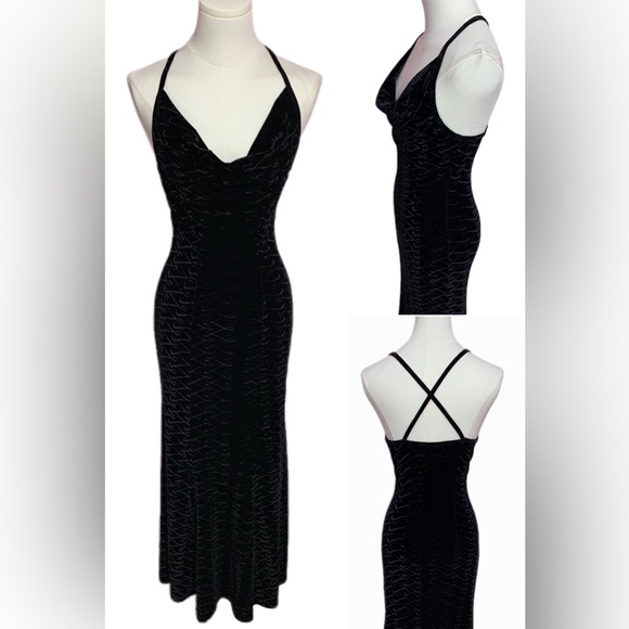 VTG 90s Bisou Bisou Black Velvet Abstract Print Maxi Dress/Gown S - Picture 1 of 5